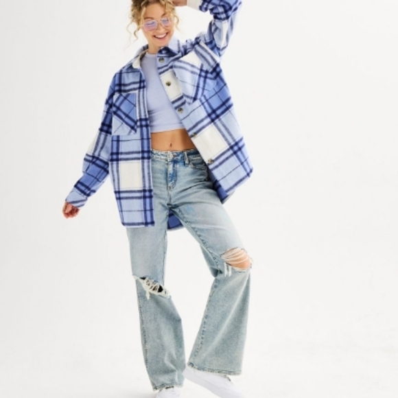 SO Jacket Shirt Blue Plaid Size 1X Wool Viscose Blend NEW Oversized - Picture 1 of 6